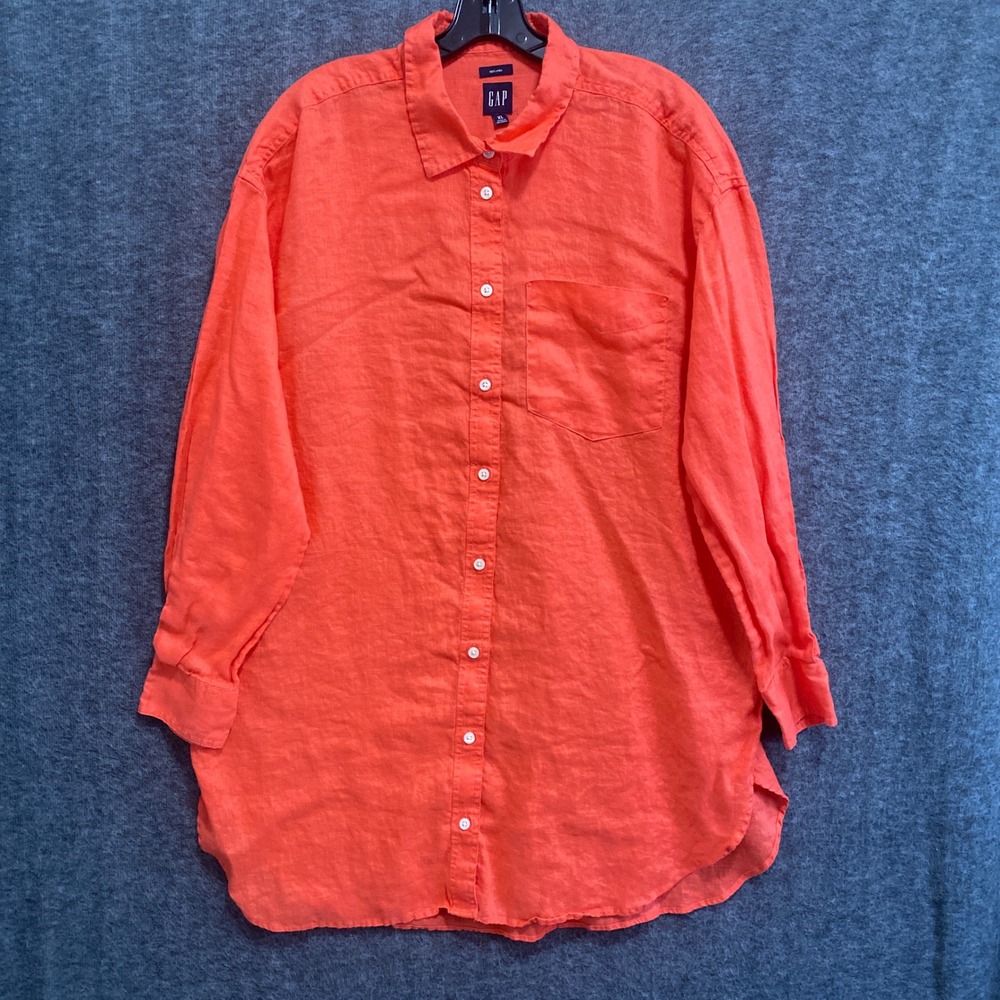 Gap Button Down Shirt Women XL Coral 100% Linen Long Sleeve Boyfriend Tunic